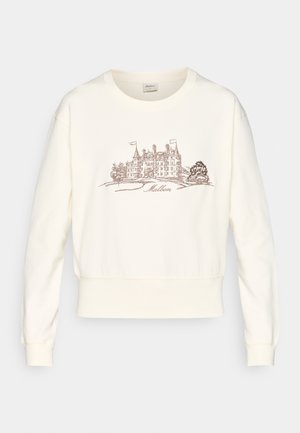 Sudadera color crema con cuello redondo, puños y bajo acanalados. Presenta un boceto detallado en marrón de un edificio con "Mallon" debajo.