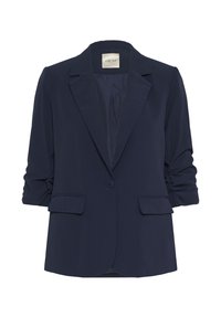 Sötétkék zakó puha anyagból, egy gombbal, hegyes hajtókákkal és feltekerhető ujjal, két elülső zsebbel.