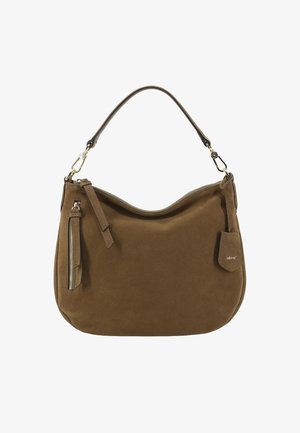 Braune Wildleder-Schultertasche mit geschwungener Form, einem einzigen oberen Griff, seitlichem Reißverschlussfach und Logo-Detail auf der Vorderseite. Weicher Griff über die gesamte Oberfläche.