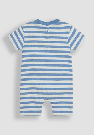 Svītrota kombinezons gaiši zilos un baltos kokvilnas toņu; īsas piedurknes, pogu aizdare aizmugurē, mīksta tekstūra un īsas kājas.