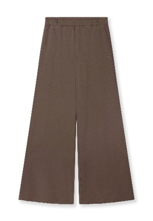 Pantaloni marroni a gamba larga con tasche laterali e passanti per cintura, caratterizzati da un design minimalista e una texture del tessuto morbida.