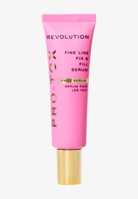 Rosa plastikkube med en gullkappe, merket "PRO-TOX" og "Fine Line Fix & Fill Serum." Inneholder engelsk og fransk tekst.