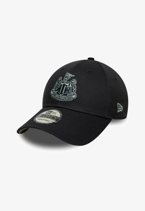 Black adjustable baseball cap with Newcastle United logo embroidered on front and New Era logo on side.