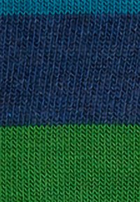 Tessuto a maglia con righe orizzontali in blu scuro, turchese e verde. Aspetto testurizzato con una finitura liscia.
