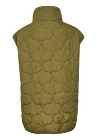 Chaleco sin mangas de color verde oliva, fabricado con tela acolchada, que presenta un cuello alto y un patrón texturizado de curvas superpuestas.