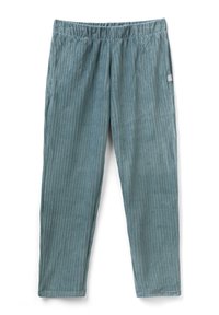 Mjuka ljusblågröna kordbyxor med elastisk midja och sidofickor, lagda plant på en vit bakgrund.