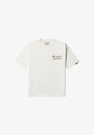 Witte katoenen t-shirt met korte mouwen, een ronde hals en een bloemig "PAS DE MONACO" print op de linkerborst.