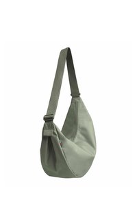 Borsa a tracolla verde in nylon con forma curva, tracolla regolabile, texture liscia e un piccolo dettaglio di colore vicino alla parte inferiore.