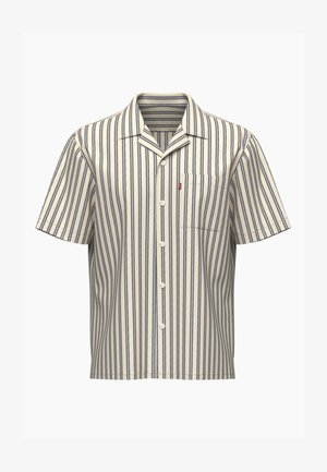 Košeľa na gombíky s krátkym rukávom v krémovej farbe s námorníckymi vertikálnymi pruhmi, s golierom a jedným vreckom na hrudi, vyrobená z ľahkej tkaniny.