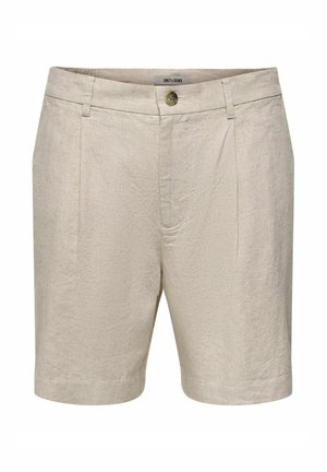 Shorts en lin beige longueur genou avec fermeture à boutons, passants pour ceinture et poches latérales, conçus pour un usage décontracté.