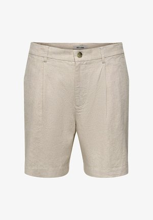 Shorts en lin beige longueur genou avec fermeture à boutons, passants pour ceinture et poches latérales, conçus pour un usage décontracté.