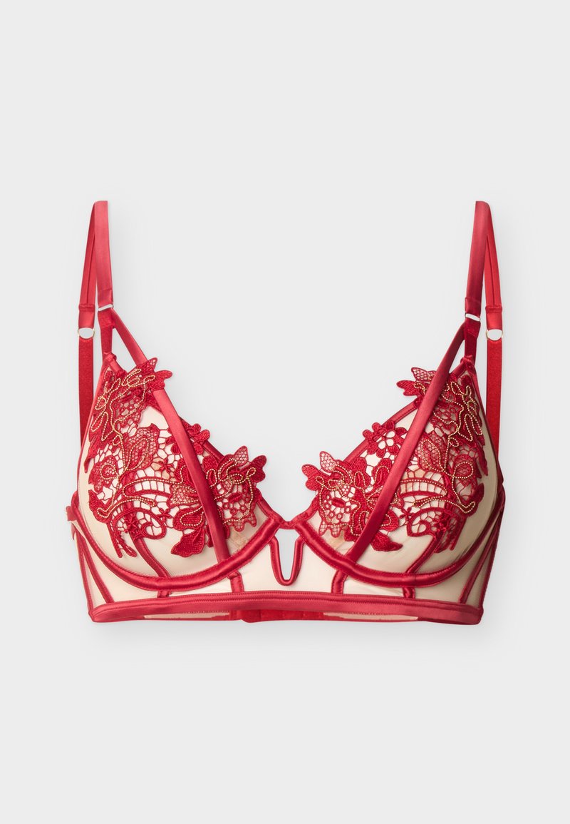Κόκκινο δαντελένιο σουτιέν με κεντήματα από λουλούδια, διάφανα πλέγματα, ενίσχυση με καλούπι και ρυθμιζόμενους σατέν ιμάντες σε μονόχρωμο φόντο.