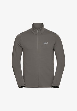 Leichte graue Herrenjacke mit Reißverschluss und hohem Kragen, mit Jack Wolfskin Logo auf der linken Brust, aus strukturiertem Stoff gefertigt.