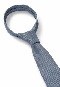 Blue textured silk tie with a diamond pattern, featuring a pre-tied knot and a tapered end, suitable for formal occasions.