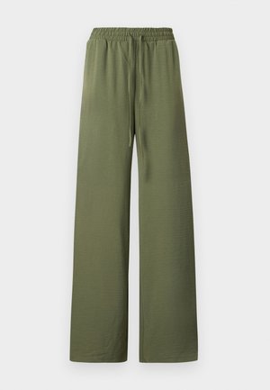 Pantalon large vert olive avec taille élastique et cordon de serrage à l'avant, fabriqué en tissu léger texturé.
