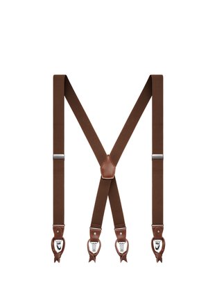 Brune stofseler med læderkant og sølvfarvede metalclips arrangeret i et X-formet mønster på en hvid baggrund.