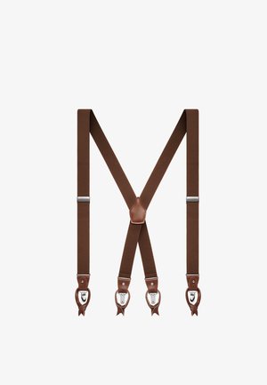 Brune stofseler med læderkant og sølvfarvede metalclips arrangeret i et X-formet mønster på en hvid baggrund.