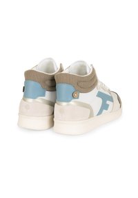 High-top sneakers with a white canvas body, beige corduroy collar, blue accents, and a textured suede panel. Features round eyelets and flat laces.