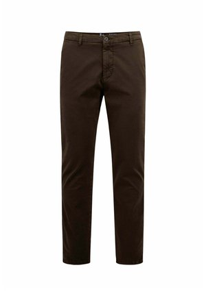 Pantalones de hombre marrón oscuro de corte recto con botón delantero y trabillas para cinturón, mostrados desde el frente sobre un fondo blanco.