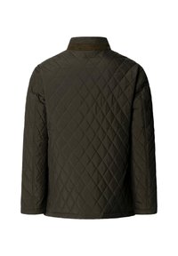 Kvalitetna jakna u tamno maslinastoj boji, sa kragnom, dugim rukavima i teksturiranim dijamantnim uzorkom na tkanini.