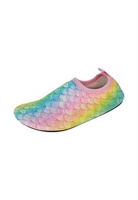 Bunte Kinderschlupfschuh mit einem Regenbogen-Mermaid-Schuppenmuster, pinker Kante und strukturiertem Obermaterial, mit schwarzer Sohle für Stabilität.