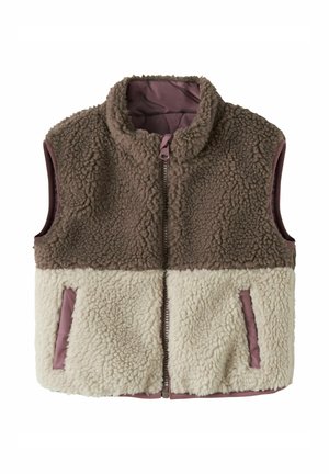 Ærmeløs fleecervest med lynlås foran, mørkebrun øverste halvdel, cremefarvet nederste halvdel og sidelommer med pink kant.