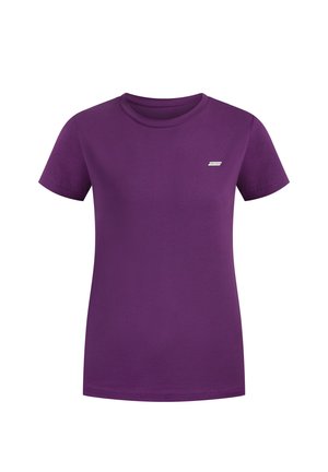 T-shirt violet en coton, avec un col rond et des manches courtes. Comprend un petit logo blanc sur le devant. Texture lisse.