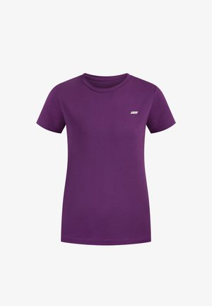 T-shirt violet en coton, avec un col rond et des manches courtes. Comprend un petit logo blanc sur le devant. Texture lisse.