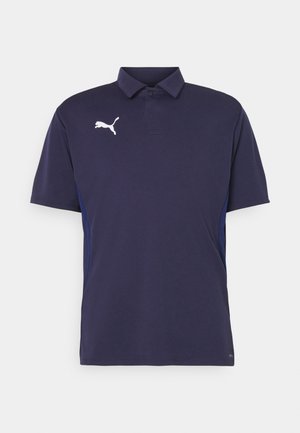 Marineblaues Poloshirt mit kurzen Ärmeln, mit einem weißen Puma-Logo auf der Brust und strukturierten Einsätzen an den Seiten. Klassisches Kragen-Design.