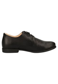 Chaussure à lacets en cuir noir avec une finition lisse, bout arrondi, petit talon et détails de couture minimaux sur les côtés.