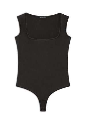 Schwarzer Baumwoll-Body mit quadratischem Ausschnitt, dicken Trägern und Druckknopfverschluss am Boden. Glatte Textur; figurbetontes Design.