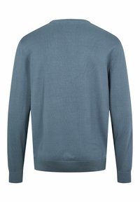 Lyseblå strikketrøje, pullover-stil, rund halsudskæring, lange ærmer, ribbet ved håndled og kant. Blød tekstur med en glat overflade.