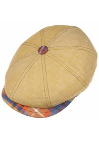 Yellow fabric flat cap with a round crown, featuring a checkered patterned band in blue, orange, and white. Brown button detail on top.