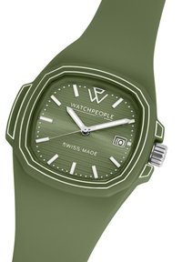 Reloj de pulsera de silicona verde con caja octogonal, esfera verde texturizada, marcadores de hora blancos y ventana de fecha. Presenta una correa texturizada y una corona plateada.