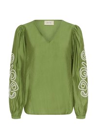 Blouse verte à manches longues avec un col en V, des manches bouffantes et des broderies en spirale blanche sur les deux manches.