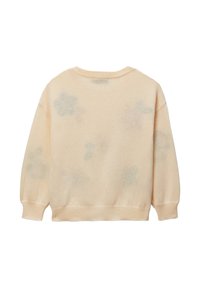 Pull en maille de couleur beige doux avec des taches texturées de couleurs pastel. Il possède un col rond et des poignets côtelés aux manches et à l'ourlet.