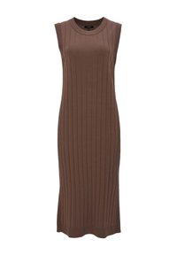 Vestido de punto marrón sin mangas, de largo midi y con textura de canalé, con cuello redondo y dobladillo ligeramente acampanado.