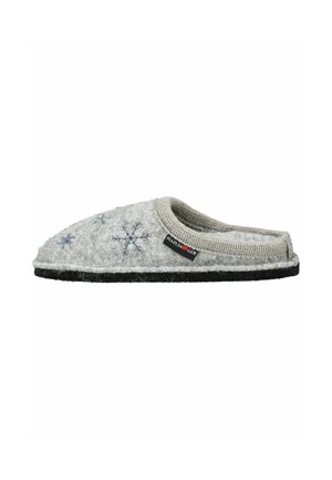 Gray felt slipper with navy snowflake patterns, open back design, textured gray knit cuff, and black rubber sole for grip.