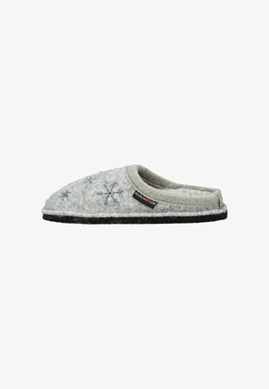 Gray felt slipper with navy snowflake patterns, open back design, textured gray knit cuff, and black rubber sole for grip.