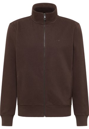 Brauner Sweatshirt mit durchgehendem Reißverschluss und hohem Kragen, aus weichem Stoff. Verfügt über Seitentaschen sowie gerippte Bündchen an Ärmeln und Saum. Dezentes Logo auf der linken Brust.