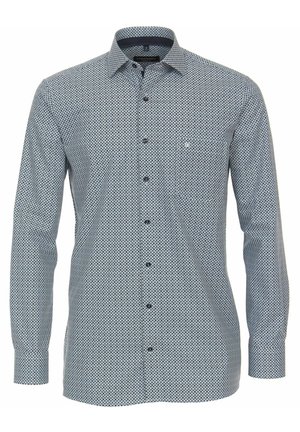 Langarmhemd in Marineblau und Weiß mit geometrischem Muster. Verfügt über einen Button-Down-Kragen und eine Brusttasche. Die Stofftextur ist glatt.