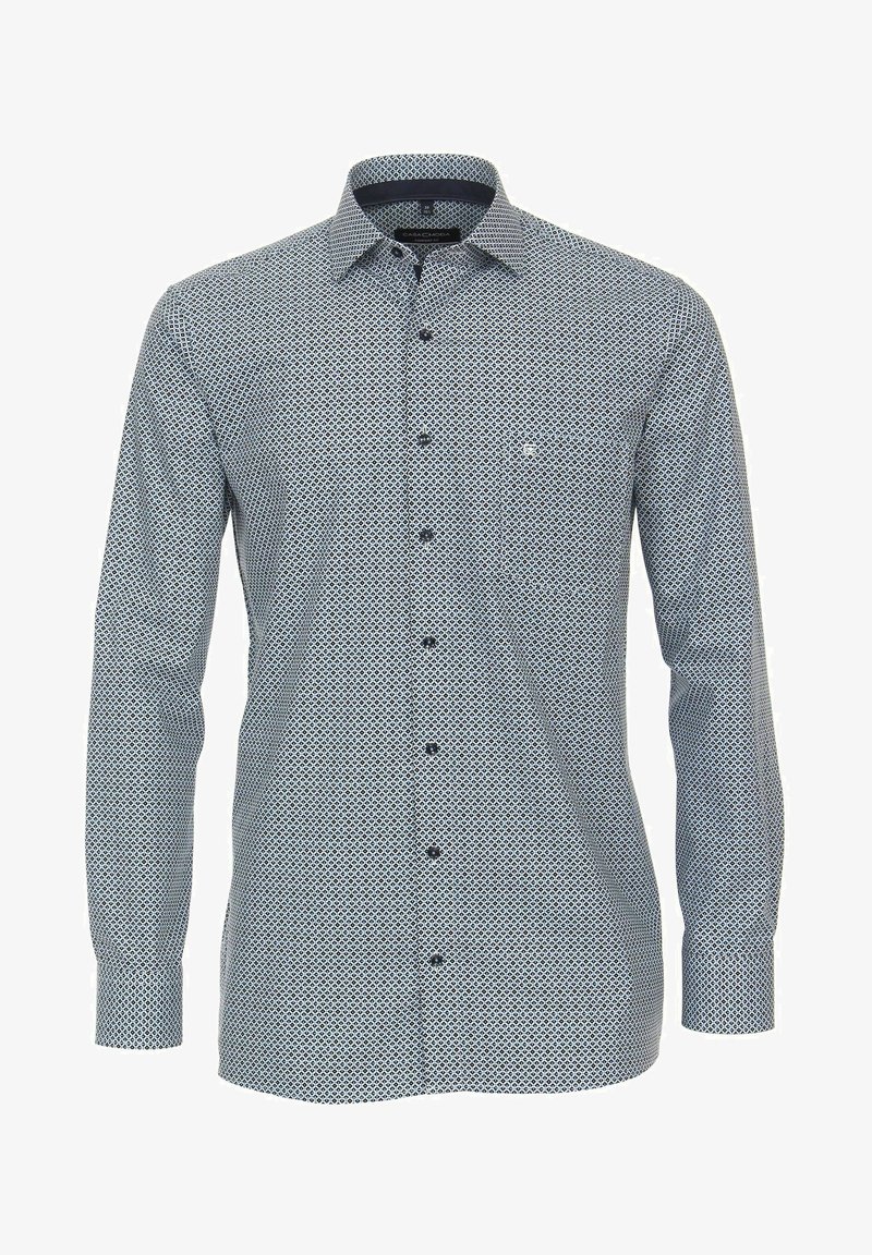 Long-sleeve shirt in navy and white with geometric pattern. Features a button-down collar and front pocket. Fabric texture is smooth.