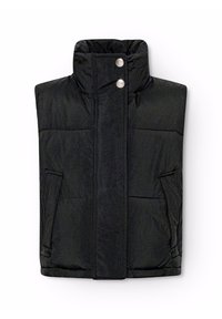 Svart ärmlös puffväst med hög krage, två framfickor och tryckknappsstängning. Har kviltad struktur och lättviktsmaterial.