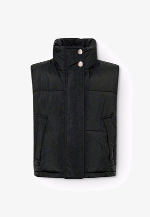 Schwarze ärmellose Daunenweste mit hohem Kragen, zwei Fronttaschen und Druckknopfverschluss. Verfügt über eine gesteppten Textur und ein leichtes Material.