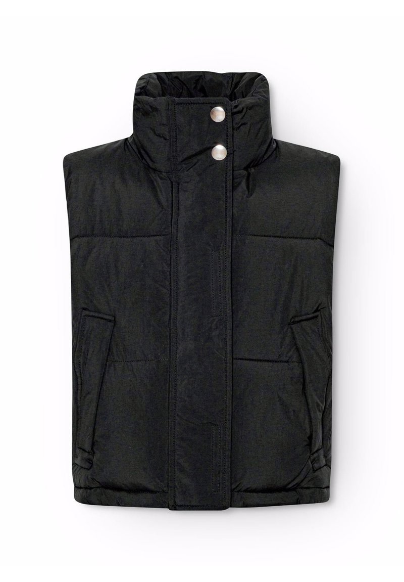 Svart ärmlös puffväst med hög krage, två framfickor och tryckknappsstängning. Har kviltad struktur och lättviktsmaterial.