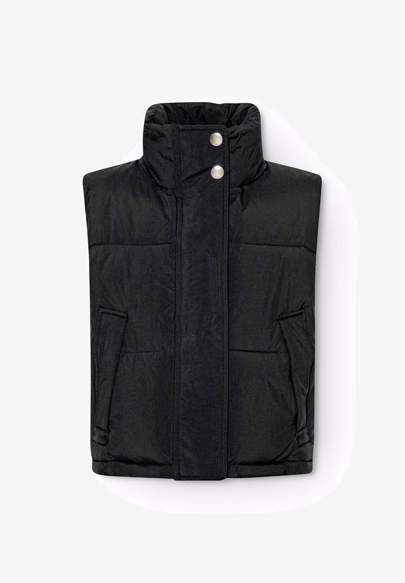 Mustat ilmanhihaiset vaahtotakit, joissa on korkea kaula, kaksi etutaskua ja napsautuskannatus. Ominaisuuksina on palattu tekstuuri ja kevyt materiaali.