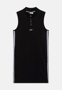 Vestido deportivo negro sin mangas con un cuello alto y cierre de cremallera. Presenta rayas laterales blancas y un pequeño logo de la marca en el pecho.