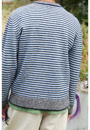 Persona que lleva un suéter a rayas azul, blanco y gris y pantalones de color claro, de pie al aire libre cerca de vegetación y una estructura de concreto.