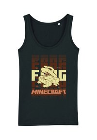 Canottiera nera con grafica di Minecraft che presenta elementi squadrati beige e marroni, inclusa una scatola e la parola "MINECRAFT" in lettere grasse.