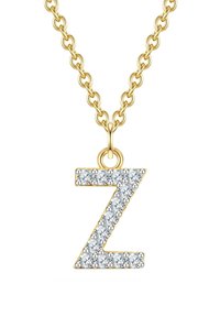 Guldfärgad halsband med ett stort, glittrande "Z" hängsmycke prytt med klara kristaller. Kedjelänkarna är texturerade och rundade.